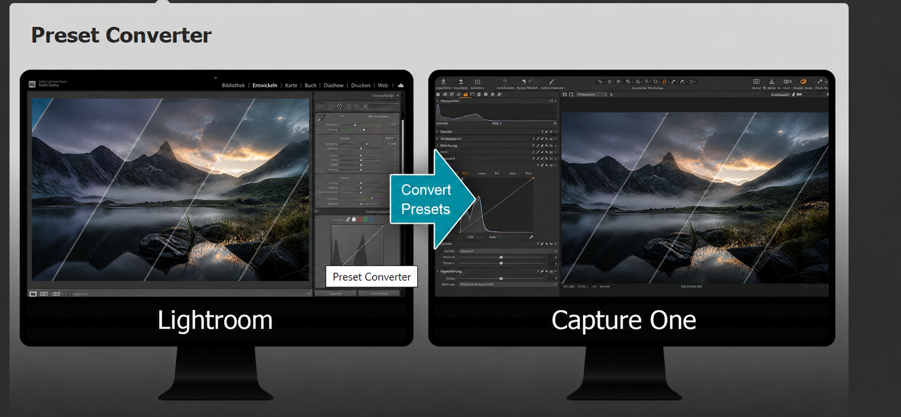 Atmospheric mountain landscape shown inside Lightroom and Capture One